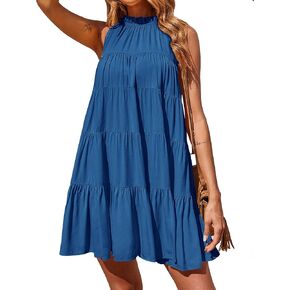 Okiwam Women Summer Casual 2024 Sleeveless Halter Dress Ruffle Flowy Boho Sun Dress Loose Swing Pleated Cocktail Mini Dress in Kuwait