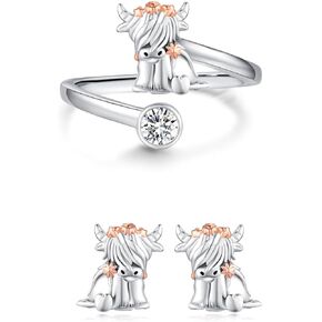 Highland Cow Ring for Women S925 Sterling Silver Adjustable Highland Cow Open Ring and Highland Cow Earring Cubic Zirconia Scottish Highland Cow Jewelry Gifts for Animal Lover Birthday in Saudi Arabia