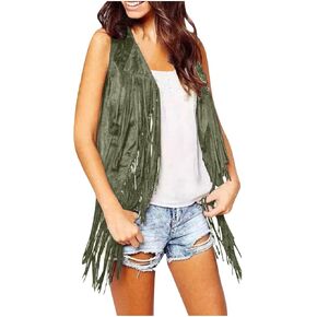 Womens Western Cowgirl Vest 70s Hippie Faux Suede Sleeveless Jacket Cardigan Open Front Boho Fringe Waistcoat in Saudi Arabia