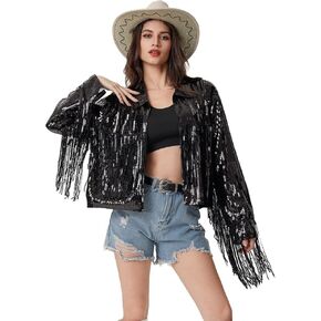 سترة Plustrong ذات هامش من الترتر لامعة ديسكو راعية البقر الزي Y2K 70s سترة غربية لامعة شرابة معطف ملابس الحفلات الموسيقية in Kuwait