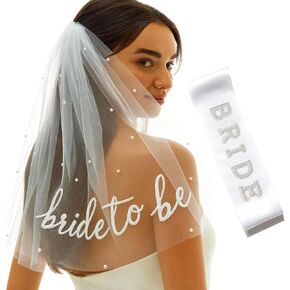 Bride To Be Sash and Veil White for Bachelorette Party Embroidered Pearl 2 Tier Veil and BRIDE Pearl Sash Set in Kuwait