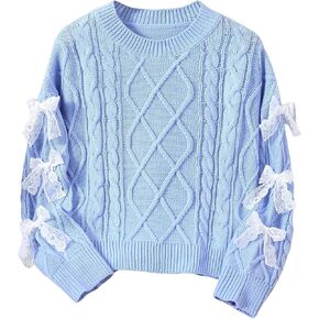 Verdusa Girl's Lace Bow Sweater Coquette Cable Knit Tops Cozy Fall Pullovers in Saudi Arabia