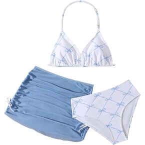 QJQ Girl's 3 Piece Cute Bow Bikni Set Halter Triangle High Waisted with Cover Up Skirts Summer Swimwear 2026 in Kuwait