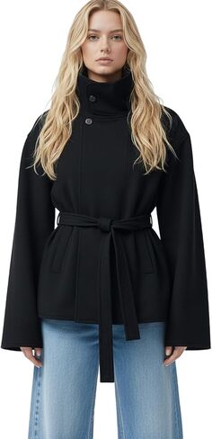 Women Cropped Trench Coat Funnel Neck Wool Jackets Oversized Belted Pea Coats Fall Winter Trendy Casual Outfits 2025 in Kuwait