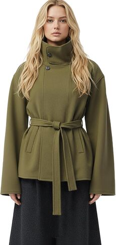 Women Cropped Trench Coat Funnel Neck Wool Jackets Oversized Belted Pea Coats Fall Winter Trendy Casual Outfits 2025 in Saudi Arabia