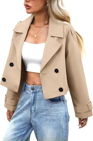 ELLEVEN Womens Cropped Trench Coat, Casual Double Breasted Short Jackets Long Sleeve Loose Fit Fall Coats Fashion Outwear in Saudi Arabia
