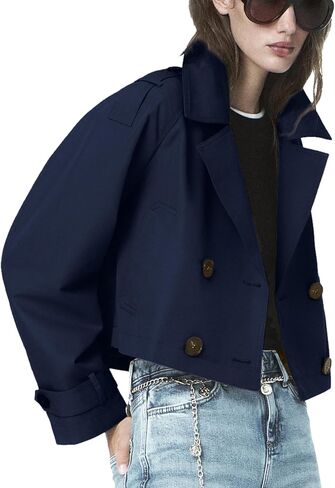 ELLEVEN Womens Cropped Trench Coat, Casual Double Breasted Short Jackets Long Sleeve Loose Fit Fall Coats Fashion Outwear in Saudi Arabia