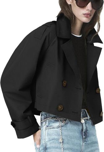 ELLEVEN Womens Cropped Trench Coat, Casual Double Breasted Short Jackets Long Sleeve Loose Fit Fall Coats Fashion Outwear in Saudi Arabia