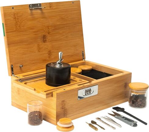 Large Bamboo Storage Box - With Lock, Smell Proof Jars, Tray - Grinder, Decorative Wooden Organizer, 4 Smell Proof Glass Jars & Accessories (Green) in Saudi Arabia