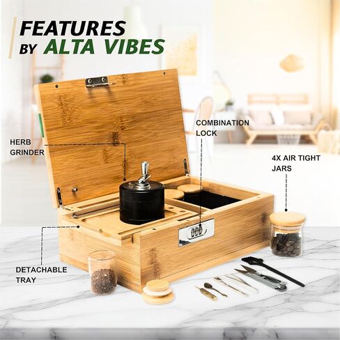 Large Bamboo Storage Box - With Lock, Smell Proof Jars, Tray - Grinder, Decorative Wooden Organizer, 4 Smell Proof Glass Jars & Accessories (Green) in Saudi Arabia