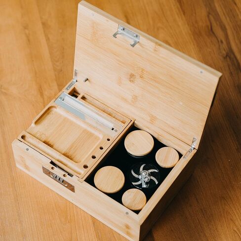 Large Bamboo Storage Box - With Lock, Smell Proof Jars, Tray - Grinder, Decorative Wooden Organizer, 4 Smell Proof Glass Jars & Accessories (Green) in Saudi Arabia