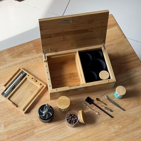 Large Bamboo Storage Box - With Lock, Smell Proof Jars, Tray - Grinder, Decorative Wooden Organizer, 4 Smell Proof Glass Jars & Accessories (Green) in Saudi Arabia