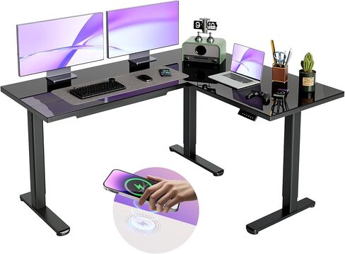 L على شكل زجاج دائم على شكل طول قابل للتعديل ، مكتب داكن للركن الكهربائي المكثف مع الأدراج ، 63 × 55 بوصة. in Kuwait