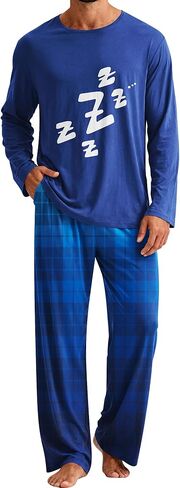 Mens Pajamas Set Soft Pjs Long Sleeve Sleep Set Lightweight Sleepwear 2-Piece Plaid Lounge Set with Pockets M-XL in Saudi Arabia