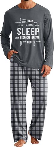 Mens Pajamas Set Soft Pjs Long Sleeve Sleep Set Lightweight Sleepwear 2-Piece Plaid Lounge Set with Pockets M-XL in Saudi Arabia
