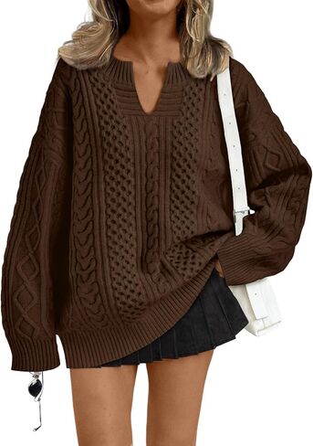 Trendy Queen V Neck Oversized Cable Knit Sweaters for Women Trendy 2025 Fall Fashion Outfits Clothes Winter Clothing in Saudi Arabia