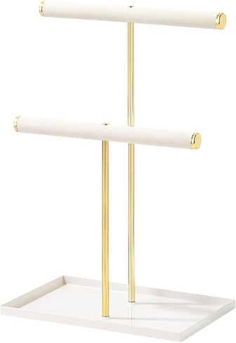 حامل مجوهرات، حامل عرض سوار القلادة مع صينية، منظم مجوهرات مخملي معدني للبيع، منظم منضدة مكتب للفتيات (بيج، طبقتان) in Kuwait