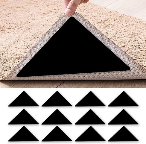 12 Pcs Rug Tape, Washable Grippers for Rug, Non Slip Rug Pads Grippers for Hardwood Floors and Tiles, Double-Sided Adhesive Rug Stickers Keep Corners Flat, Black in Saudi Arabia