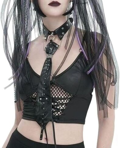 Womens Neck Tie Black Goth Punk PU Leather Tie Rivet Chain Decoration Necktie for Cosplay Party Prom in Saudi Arabia