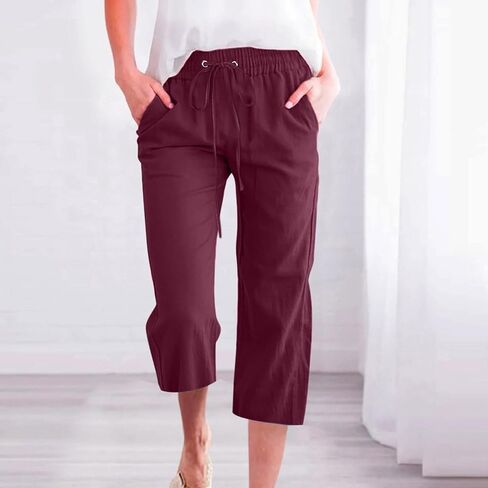 Womens Cotton Linen Capri Pants - Casual Drawstring Elastic Waist Cropped Trouser Soft Lounge Summer Wide Leg Outfits in Saudi Arabia