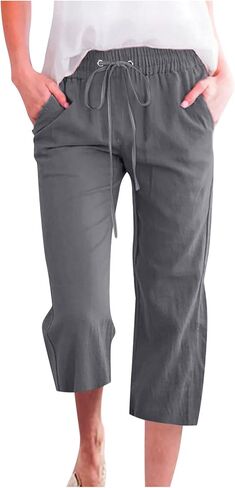 Womens Cotton Linen Capri Pants - Casual Drawstring Elastic Waist Cropped Trouser Soft Lounge Summer Wide Leg Outfits in Saudi Arabia