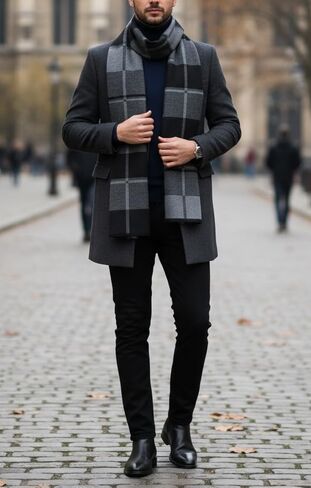 Men's Winter Scarf - Soft Plaid Cashmere Feel Scarf with Tassels, Warm Long Classic Design for Cold Weather L:70.9''*W:12.6'' in Saudi Arabia