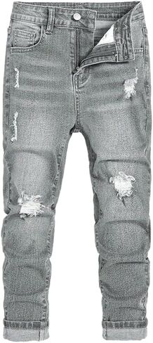 Nivne Tco Tween Boys Ripped Jeans Slim Straight Fit Destroyed Distressed Trousers Casual Denim Pants with Zipper Fly in Saudi Arabia