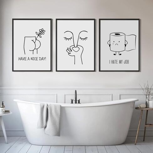 3pcs مضحك الحمام جدار الفن أبيض وأسود ملصقات المرحاض يطبع عمل فني روح الدعابة صور رائحة سيئة المرحاض أوراق لفة قماش جدار ديكور للحد الأدنى ديكور الحمام المرحاض 12 × 16 بوصة غير المؤطرة in Kuwait