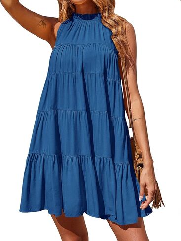 Okiwam Women Summer Casual 2024 Sleeveless Halter Dress Ruffle Flowy Boho Sun Dress Loose Swing Pleated Cocktail Mini Dress in Kuwait