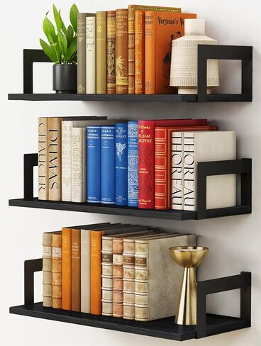 Floating Book Shelves for Wall Set of 3, 17 x 8 Inch Deep Wooden Wall Bookshelf for Bedroom Office, Rustic Wood Hanging Wall Shelves for Living Room Kitchen (Dark Brown) in Saudi Arabia