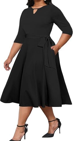 Runwind Plus Size Dresses, Women Casual Midi A-Line Swing Fit and Flare 3/4 Sleeve Wedding Guest Cocktail Church Dress in Kuwait