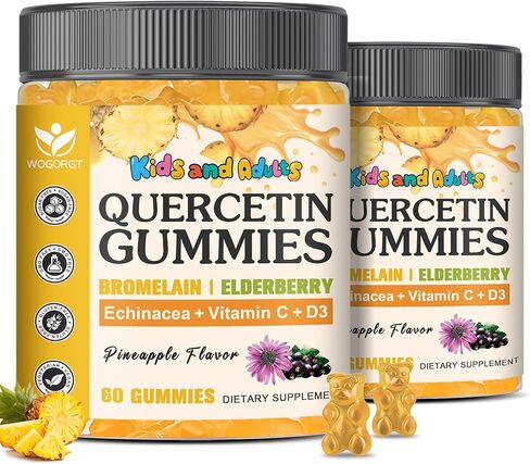 Quercetin Gummies with Bromelain for Adults & Kids - Immune & Seasonal Wellness Support, 800mg Quercetin with Bromelain, Zinc, Elderberry, Vitamin C & D3 - Sugar Free, Vegan, Pineapple Flavor, 60 Ct in Saudi Arabia