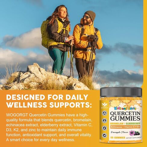 Quercetin Gummies with Bromelain for Adults & Kids - Immune & Seasonal Wellness Support, 800mg Quercetin with Bromelain, Zinc, Elderberry, Vitamin C & D3 - Sugar Free, Vegan, Pineapple Flavor, 60 Ct in Saudi Arabia