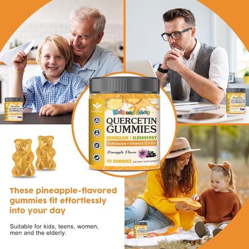 Quercetin Gummies with Bromelain for Adults & Kids - Immune & Seasonal Wellness Support, 800mg Quercetin with Bromelain, Zinc, Elderberry, Vitamin C & D3 - Sugar Free, Vegan, Pineapple Flavor, 60 Ct in Saudi Arabia