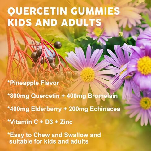 Quercetin Gummies with Bromelain for Adults & Kids - Immune & Seasonal Wellness Support, 800mg Quercetin with Bromelain, Zinc, Elderberry, Vitamin C & D3 - Sugar Free, Vegan, Pineapple Flavor, 60 Ct in Saudi Arabia