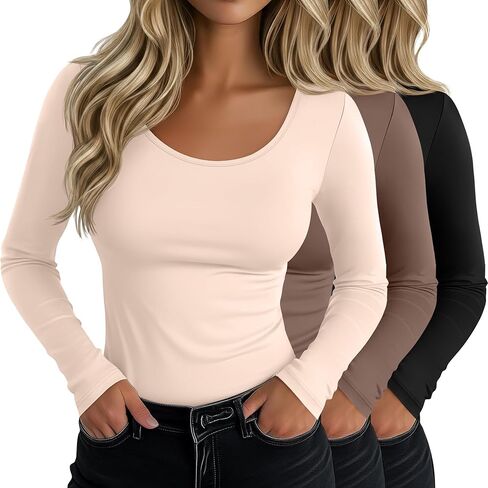 Neer 3 Pack Women's Long Sleeve T-Shirts Scoop Neck Slim Fitted Underscrubs Tops Stretchy Tight Casual Basic Layer Shirts in Saudi Arabia