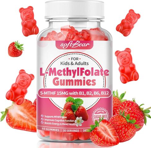 softbear L-Methylfolate 15mg Gummies for Kids & Adults, Organic Methylfolate Supplement 5-MTHF Plus Methyl B12, B1, B2, B6 Support MTHFR Gene, Cognition Function, Strawberry Flavor 60 Count in Saudi Arabia