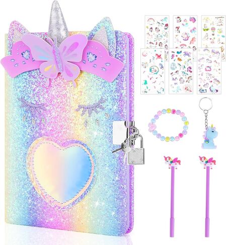 homicozy Unicorn Diary with Lock,Gift for 6 7 8 Year Old Girl,Glitter Seceret Journal for Kids with 160 Pages,Shiny Notebook for Writing and Drawing,Cute Stationery Back to School Gift in Kuwait