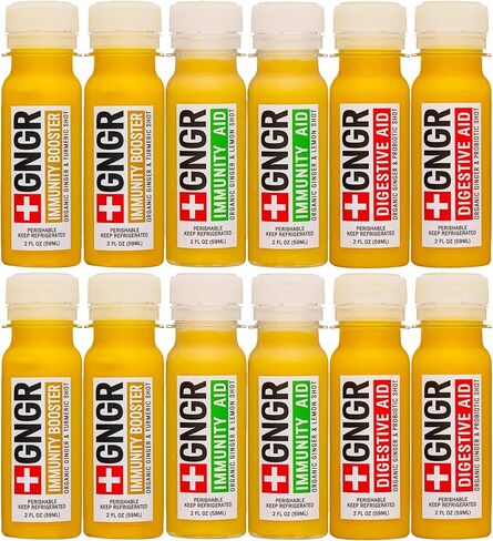 +GNGR 12 Shots Variety Pack of Organic Ginger Shots. Cold Pressed, Preservative free. Ginger Juice, Turmeric Root, Lemon & Orange Juice, Caynne Pepper. 2fl oz (Pack of 12) in Saudi Arabia