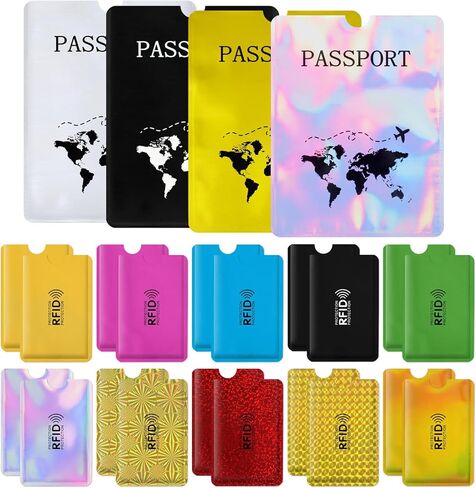 RFID Blocking Sleeves Set of 24, 20 Credit Card Protector Sleeves & 4 Protective Passport Holder for travel Women Men, Colorful, Slim, Waterproof in Saudi Arabia
