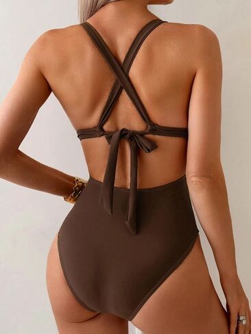 Women's Sexy Backless Criss-Cross One-Piece Swimsuit High Stretch Deep V-Neck Monokini for Summer Beach Vacation in Saudi Arabia