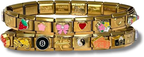 Italian Charm Bracelet - Bundle of Two Fully Assembled Bracelets Golden Themed Styled with 18 Unique Italian Charms in Saudi Arabia