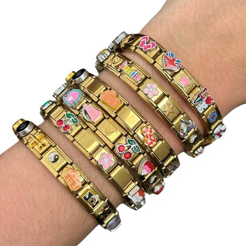 Italian Charm Bracelet - Bundle of Two Fully Assembled Bracelets Golden Themed Styled with 18 Unique Italian Charms in Saudi Arabia