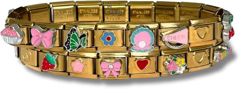 Italian Charm Bracelet - Bundle of Two Fully Assembled Bracelets Golden Themed Styled with 18 Unique Italian Charms in Saudi Arabia