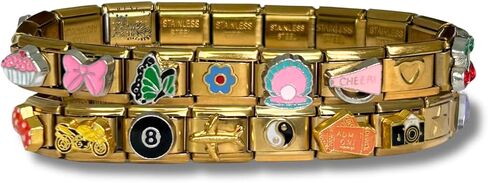 Italian Charm Bracelet - Bundle of Two Fully Assembled Bracelets Golden Themed Styled with 18 Unique Italian Charms in Saudi Arabia