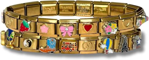Italian Charm Bracelet - Bundle of Two Fully Assembled Bracelets Golden Themed Styled with 18 Unique Italian Charms in Saudi Arabia