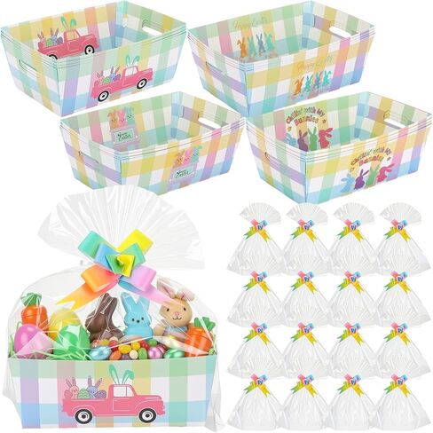 Weysat 16 Set Easter Empty Gifts Baskets Bulk for Gifts with Cellophane Basket Bags and Ribbons Bows 9.84 x 6.5 in Gift Basket Empty to Fill Happy Easter Gift Baskets Bunny Party Decor in Kuwait