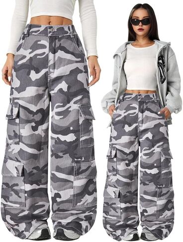 Nivne Tco Tween Girls Cargo Jeans Multi-Pocket Casual Camo Zipper Fly Denim Pants, Trendy Girls Baggy Wide Leg Trousers in Saudi Arabia