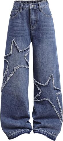 SweatyRocks Girl's Y2K Baggy Jeans Elastic Waist Star Graphic Wide Leg Denim Pants in Saudi Arabia