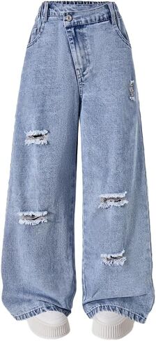 Nivne Tco Tween Girls Ripped Jeans Baggy Y2k Zipper Fly & Elastic Waist Kids Wide Leg Denim Pants with Pockets in Saudi Arabia